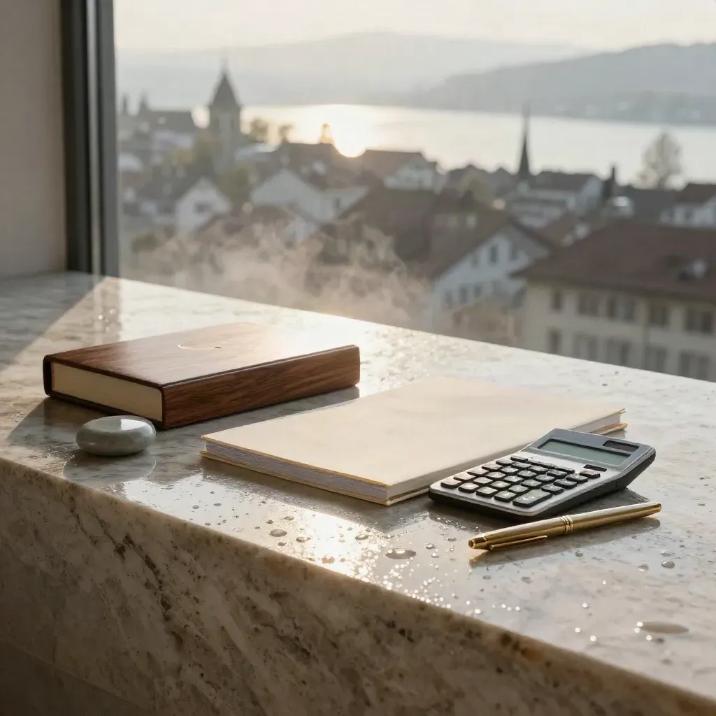 Travertin-Sockel mit Portfolio-Box, Mappe, Rechner und Stift in Zürcher Morgendämmerung.
