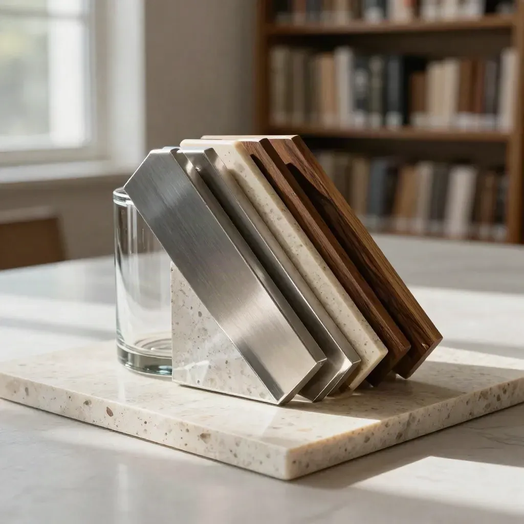 Materialmuster aus Stein, Stahl und Nussbaum neben einer Glasvase, diagonal in Bewegung.
