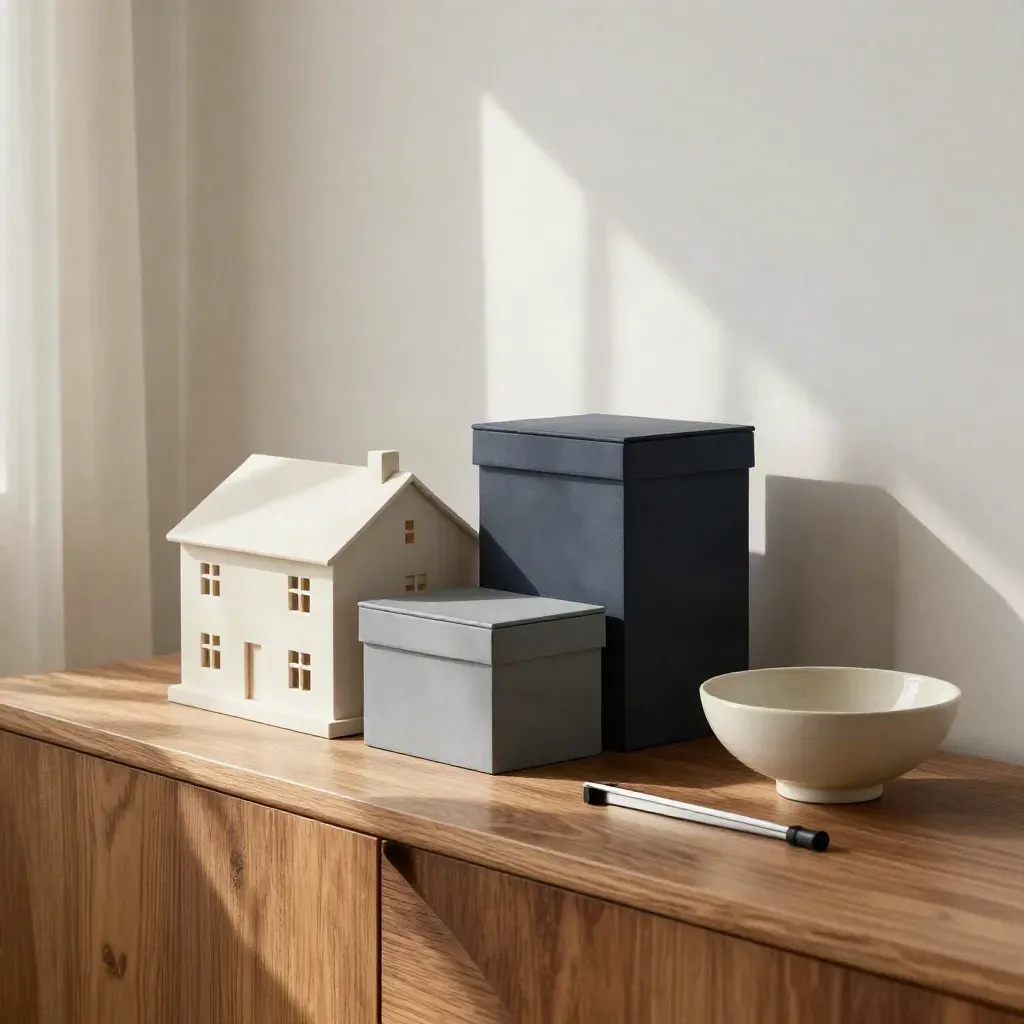 Schlichte Vermögensplanung auf einem Sideboard mit Hausmodell, Archivboxen und Keramikschale.