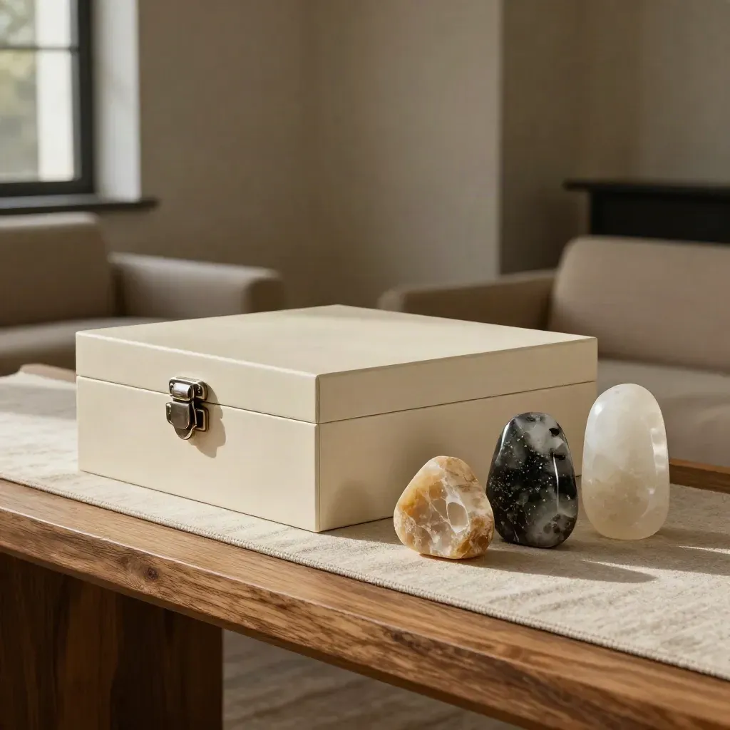 Ruhiges Wohnzimmerset mit Portfolio-Box und drei Steinobjekten auf einer Konsole.
