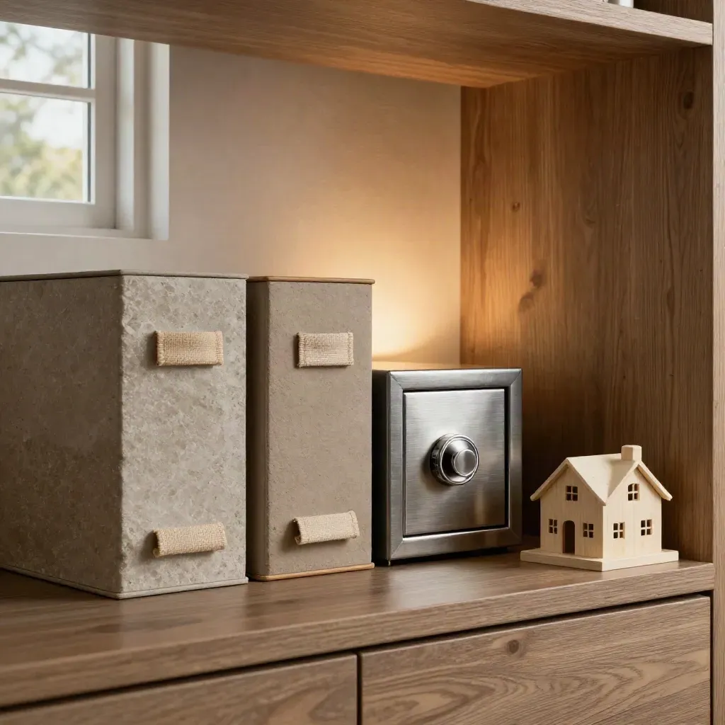 Aufgeräumte Familienarchivwand mit drei Boxen, Haus-Safe und kleinem Hausmodell im Abendlicht