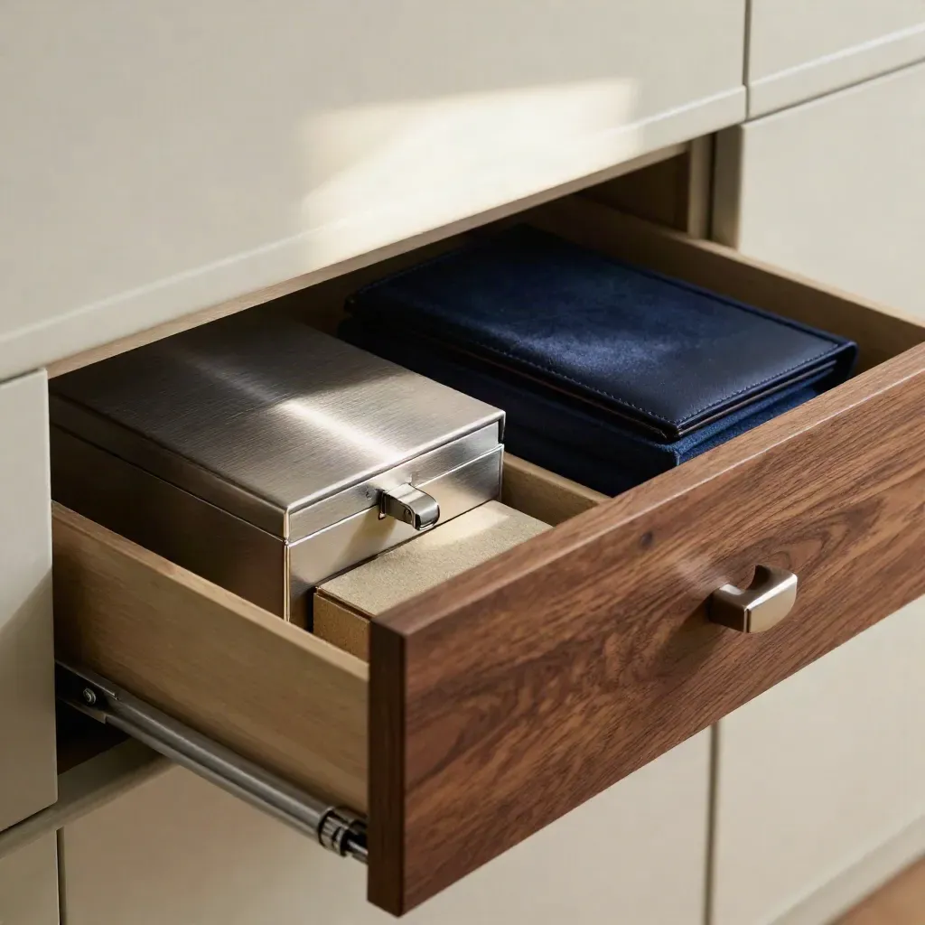 Schublade mit Reserveboxen und Metallkassette im schmalen Lichtstrahl