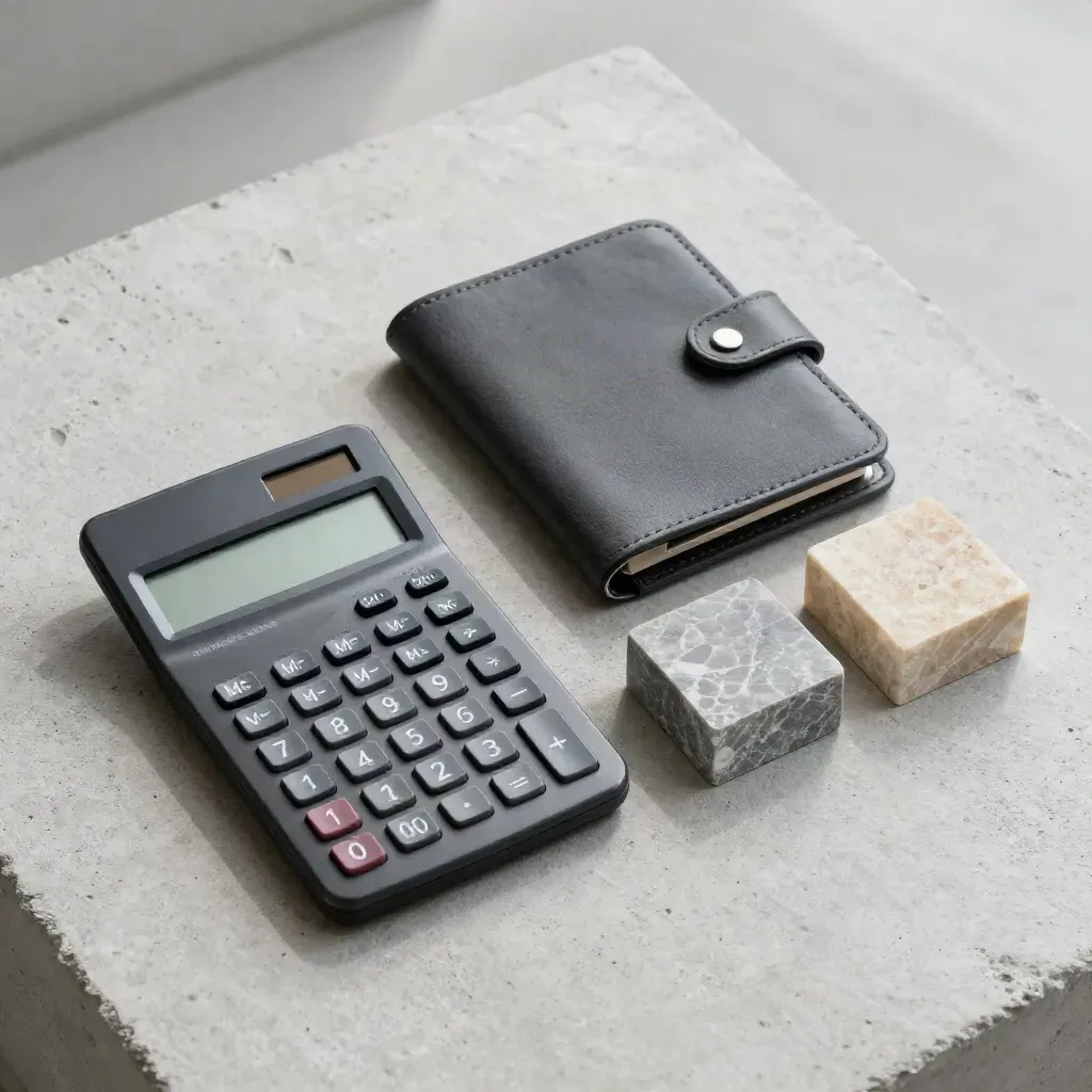 Überkopf-Flatlay mit Rechner, Ledermappe und drei Steinproben auf hellem Beton.