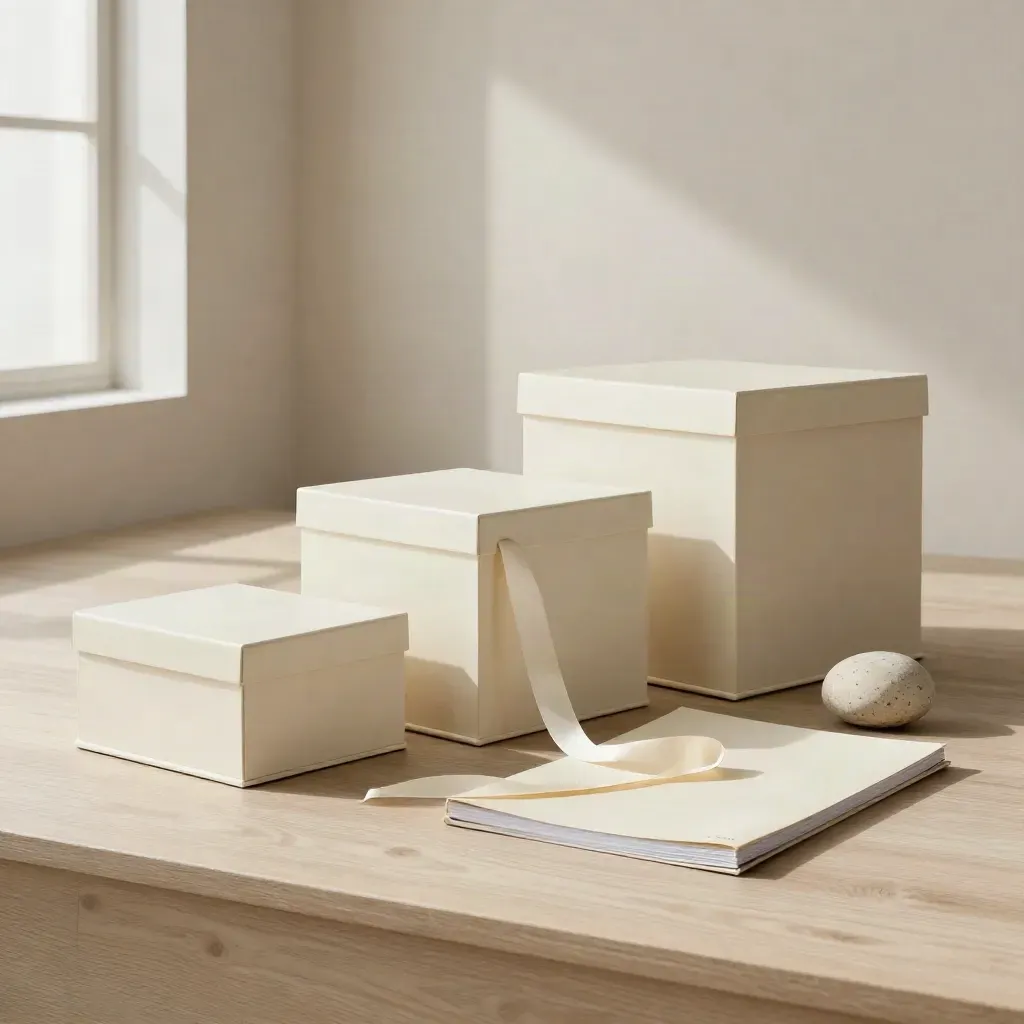 Drei gestaffelte matte Boxen, eine gebundene Mappe und ein Keramikstein auf hellem Holz.