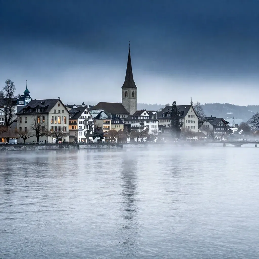 Zürcher Skyline im Dunst über ruhigem See bei Blauhour nach Regen