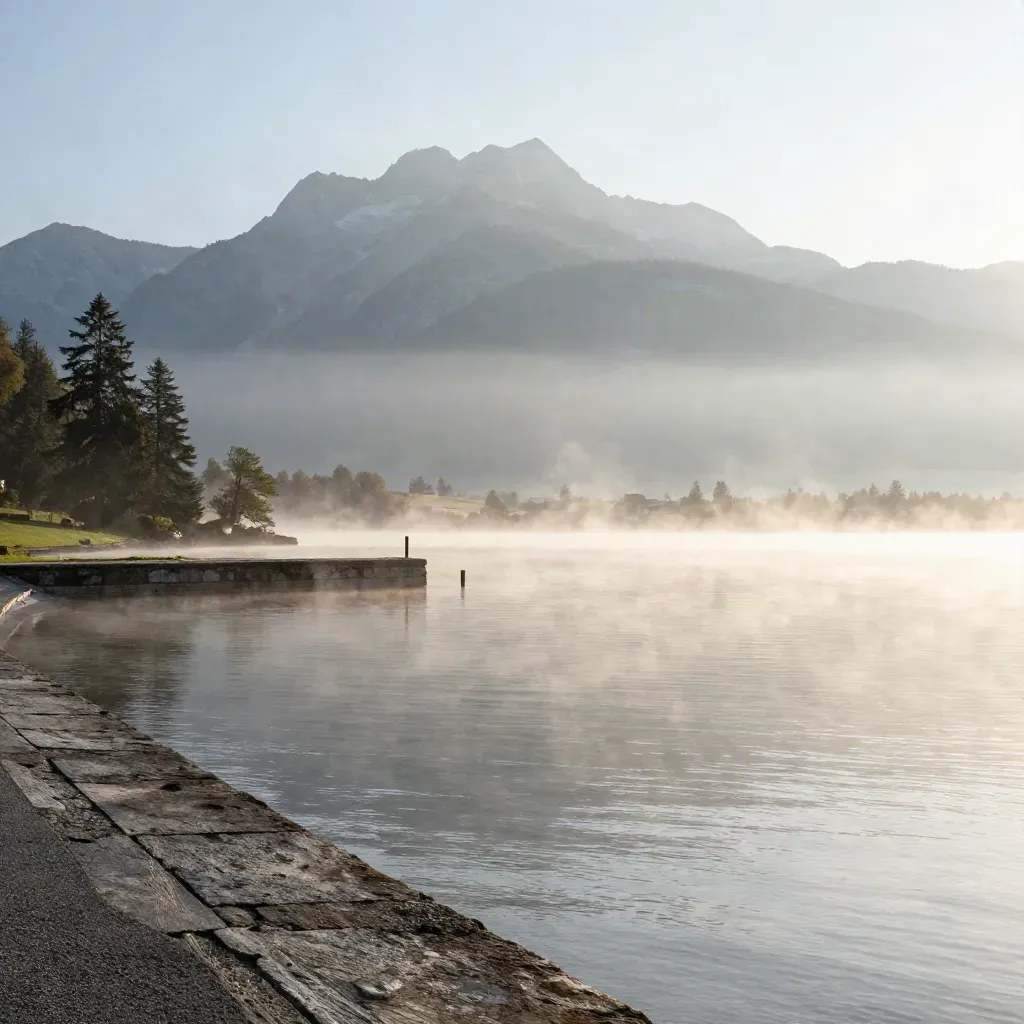 Luzerner Seebecken im Morgennebel, Pilatus hoch im warmen Licht über ruhiger Wasserfläche.