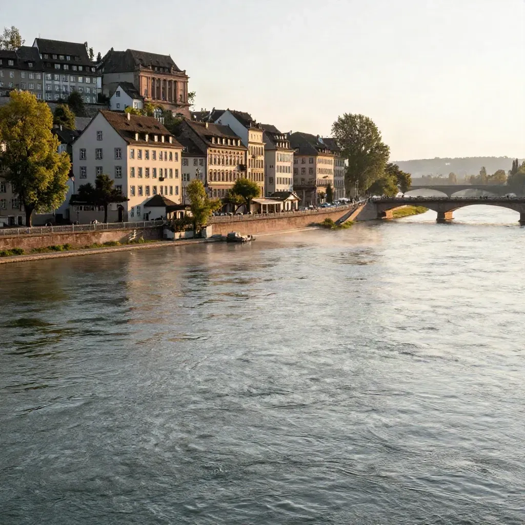 Basels Rheinkurve mit Altstadtkante und Brücke im goldenen Abendlicht