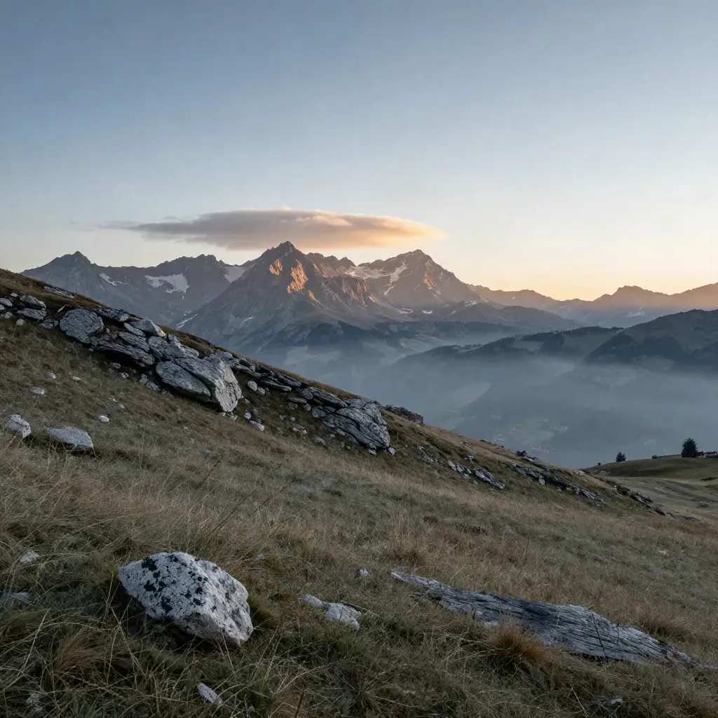 Alpstein-Ridge über St. Gallen im warmen Abendlicht, mit ruhiger Wiese im Vordergrund.